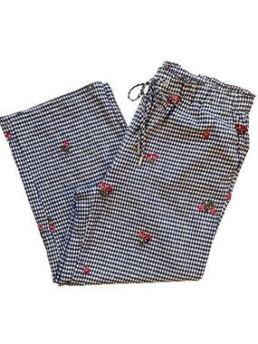 Rachel Zoe Linen Blend Navy Gingham Cherry Embroidered Pants